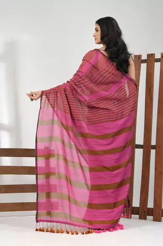 Pink and mustard cotton soft saree with stripe pattern
