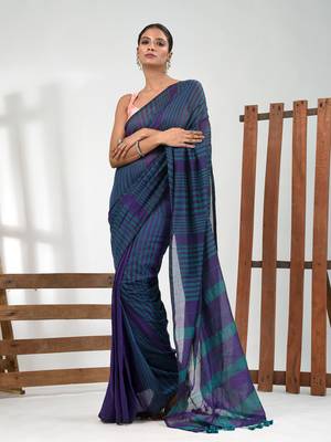 Purple and teal cotton soft saree with stripe pattern 1