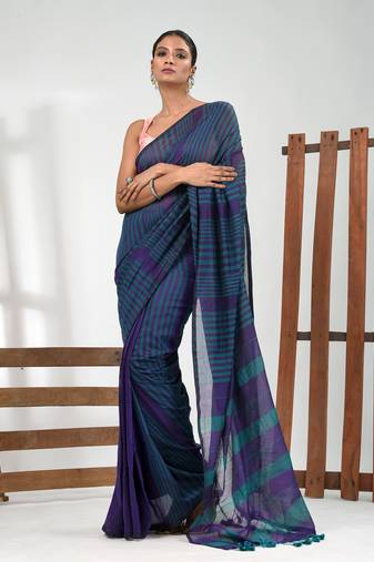 Purple and teal cotton soft saree with stripe pattern
