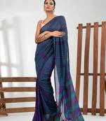 Purple and teal cotton soft saree with stripe pattern