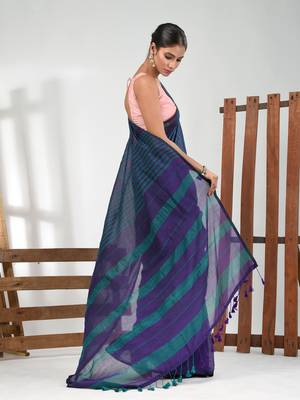 Purple and teal cotton soft saree with stripe pattern 2