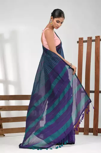 Purple and teal cotton soft saree with stripe pattern
