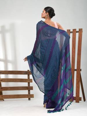 Purple and teal cotton soft saree with stripe pattern 3