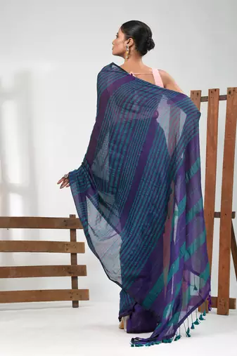 Purple and teal cotton soft saree with stripe pattern