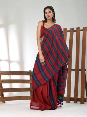 Red cotton soft saree with stripe pattern 1
