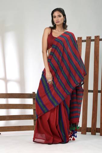 Red cotton soft saree with stripe pattern