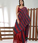Red cotton soft saree with stripe pattern