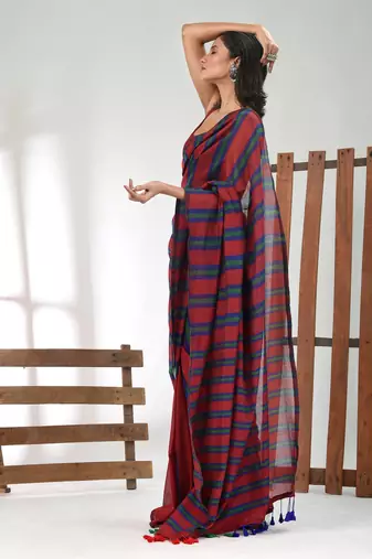 Red cotton soft saree with stripe pattern