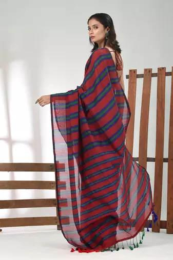 Red cotton soft saree with stripe pattern