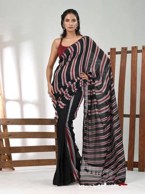 Black cotton soft saree with stripe pattern 1