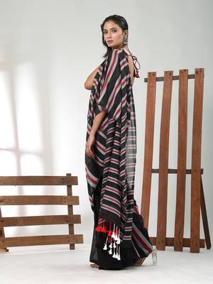 Black cotton soft saree with stripe pattern 2