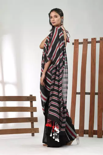 Black cotton soft saree with stripe pattern