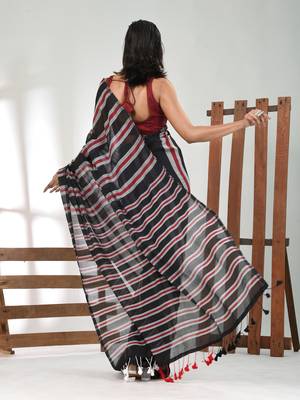 Black cotton soft saree with stripe pattern 3