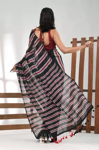 Black cotton soft saree with stripe pattern
