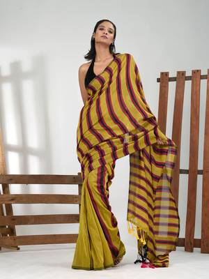 Corn yellow cotton soft saree with stripe pattern 1