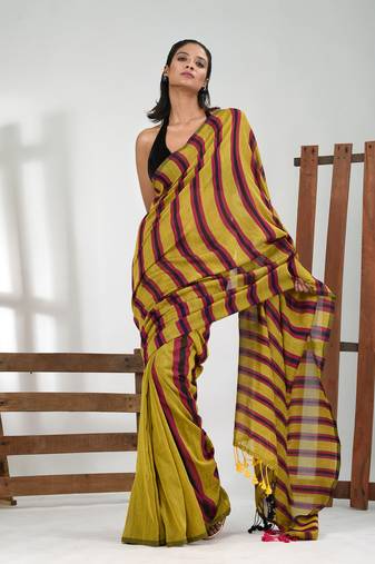 Corn yellow cotton soft saree with stripe pattern