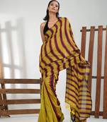 Corn yellow cotton soft saree with stripe pattern