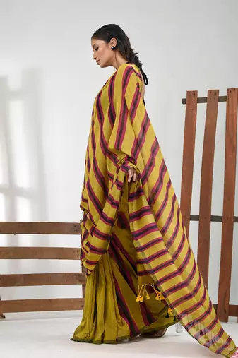 Corn yellow cotton soft saree with stripe pattern