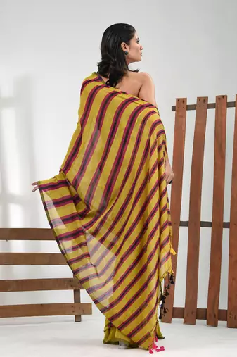 Corn yellow cotton soft saree with stripe pattern