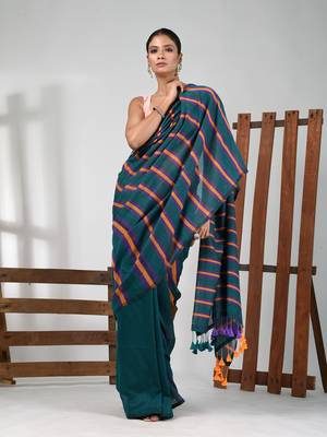 Teal cotton soft saree with stripe pattern 1