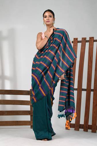 Teal cotton soft saree with stripe pattern