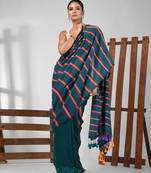 Teal cotton soft saree with stripe pattern