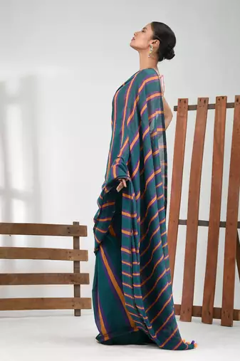 Teal cotton soft saree with stripe pattern