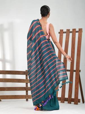 Teal cotton soft saree with stripe pattern 3