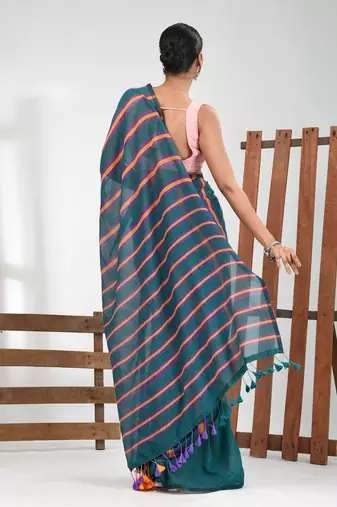 Teal cotton soft saree with stripe pattern