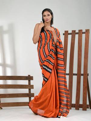Orange cotton soft saree with stripe pattern 1