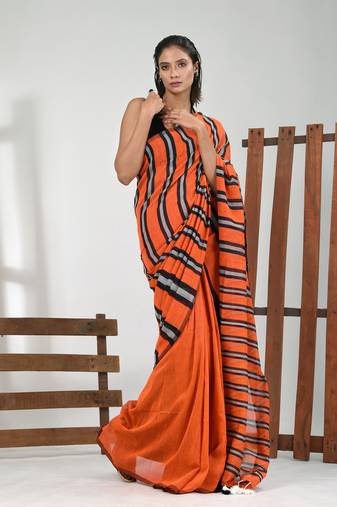 Orange cotton soft saree with stripe pattern
