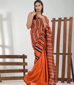 Orange cotton soft saree with stripe pattern