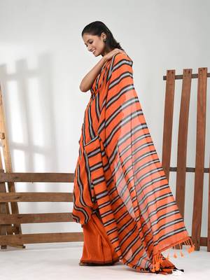 Orange cotton soft saree with stripe pattern 2