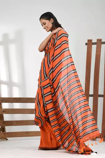 Orange cotton soft saree with stripe pattern