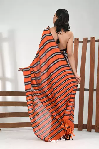 Orange cotton soft saree with stripe pattern