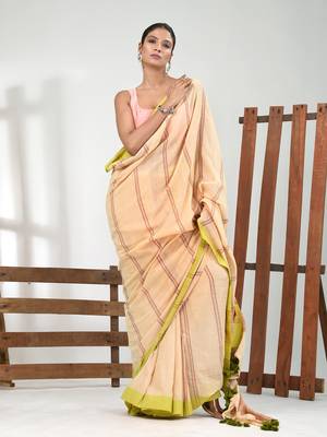 Beige cotton soft saree with stripe pattern 1