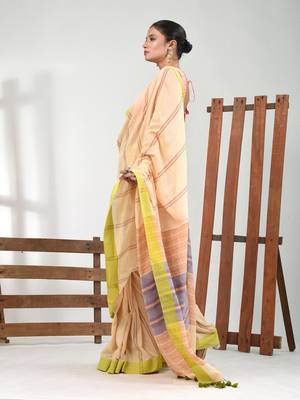 Beige cotton soft saree with stripe pattern 2