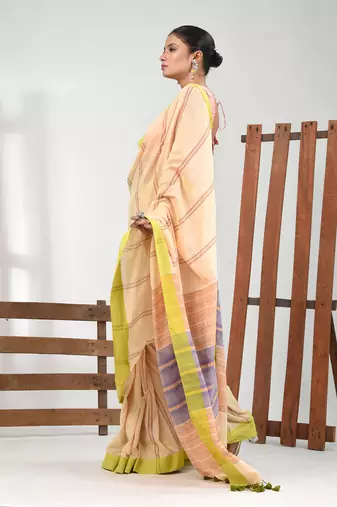 Beige cotton soft saree with stripe pattern