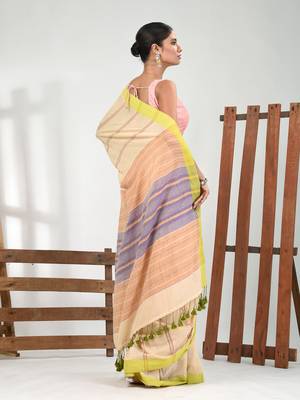 Beige cotton soft saree with stripe pattern 3