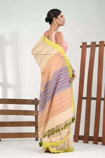 Beige cotton soft saree with stripe pattern