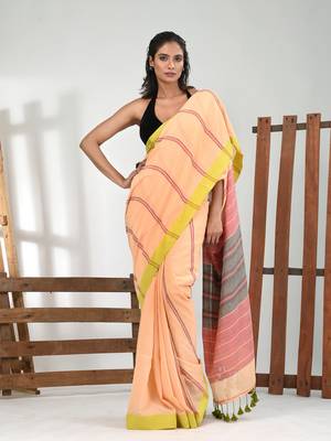 Cream cotton soft saree with stripe pattern 1