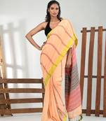 Cream cotton soft saree with stripe pattern