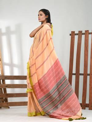 Cream cotton soft saree with stripe pattern 2
