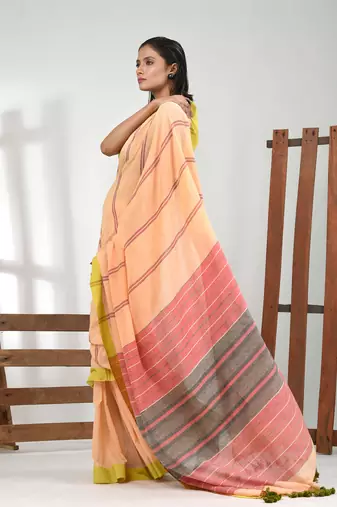 Cream cotton soft saree with stripe pattern