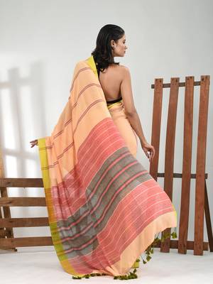 Cream cotton soft saree with stripe pattern 3