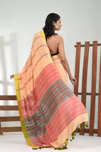Cream cotton soft saree with stripe pattern