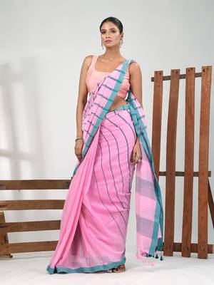 Pink cotton soft saree with stripe pattern 1