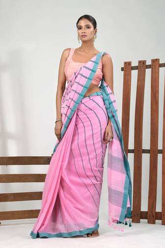 Pink cotton soft saree with stripe pattern
