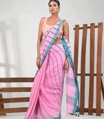 Pink cotton soft saree with stripe pattern