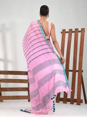 Pink cotton soft saree with stripe pattern 3